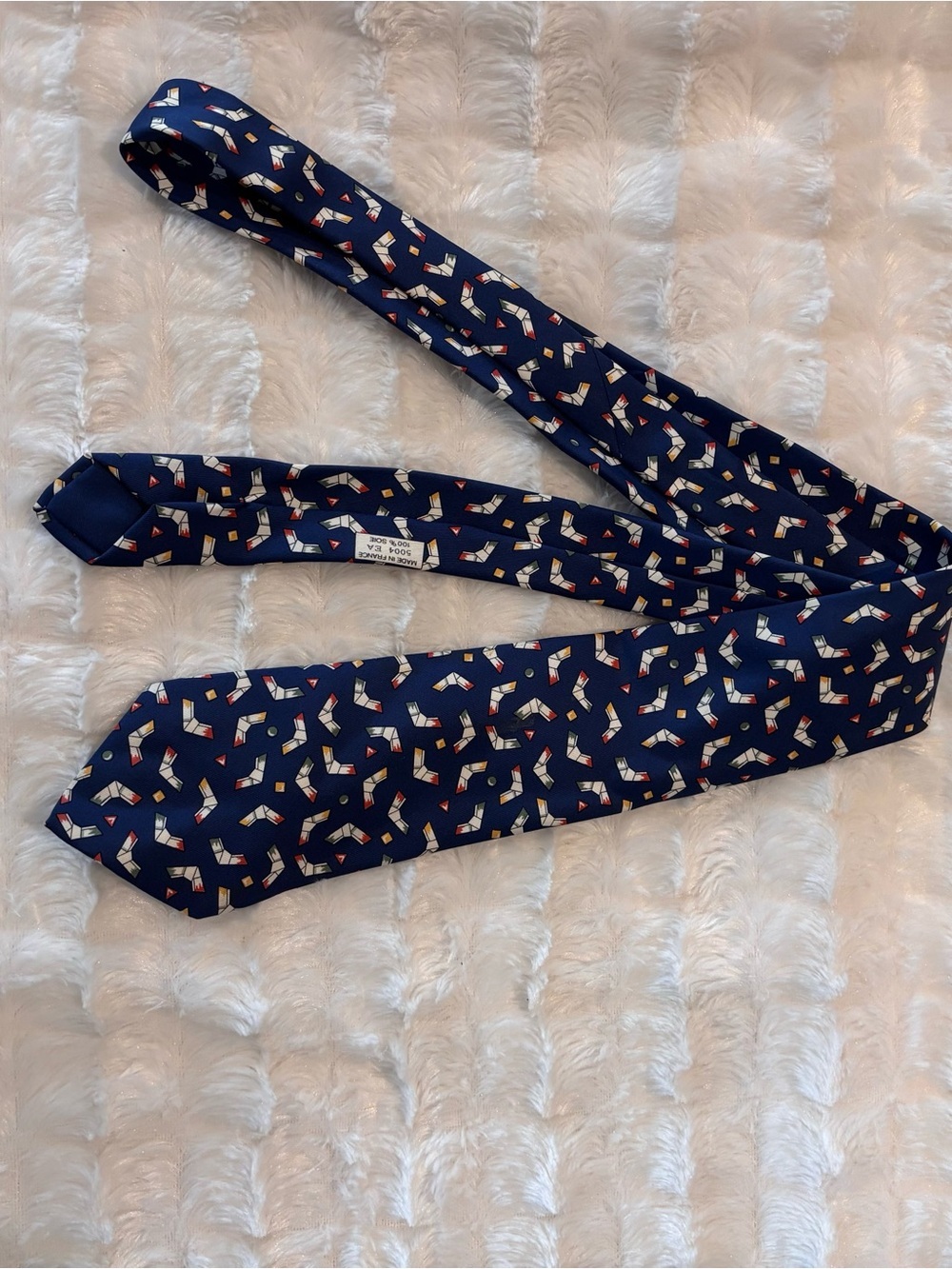 Hermes Navy Patterned Silk Tie with Geometric Accent